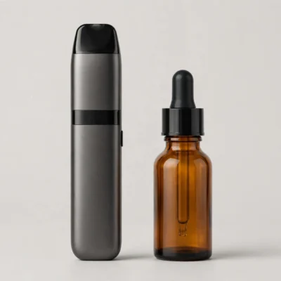 CBD vape device beside a CBD tincture dropper bottle on a light background