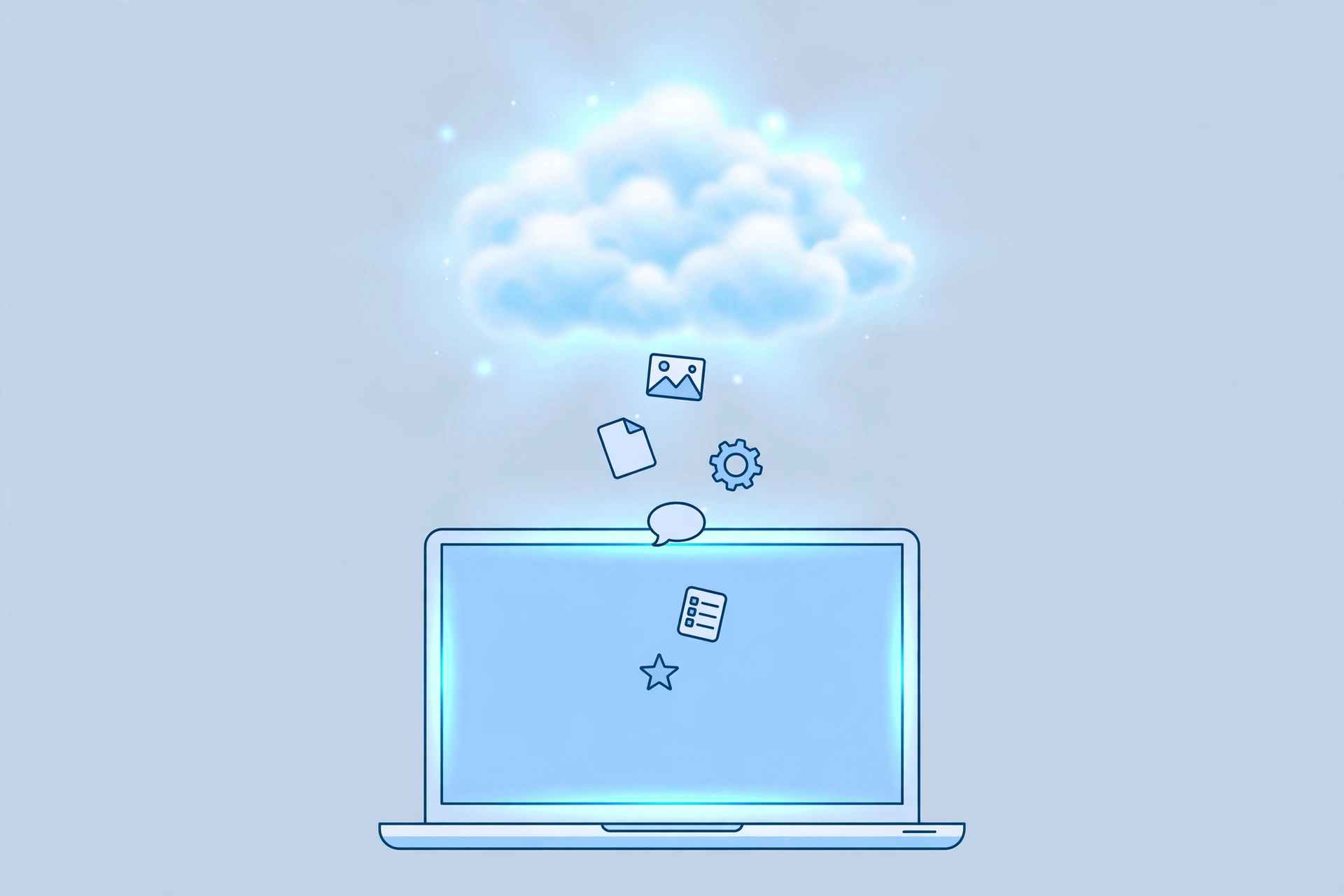 Illustration of a Chromebook syncing apps and documents with the cloud