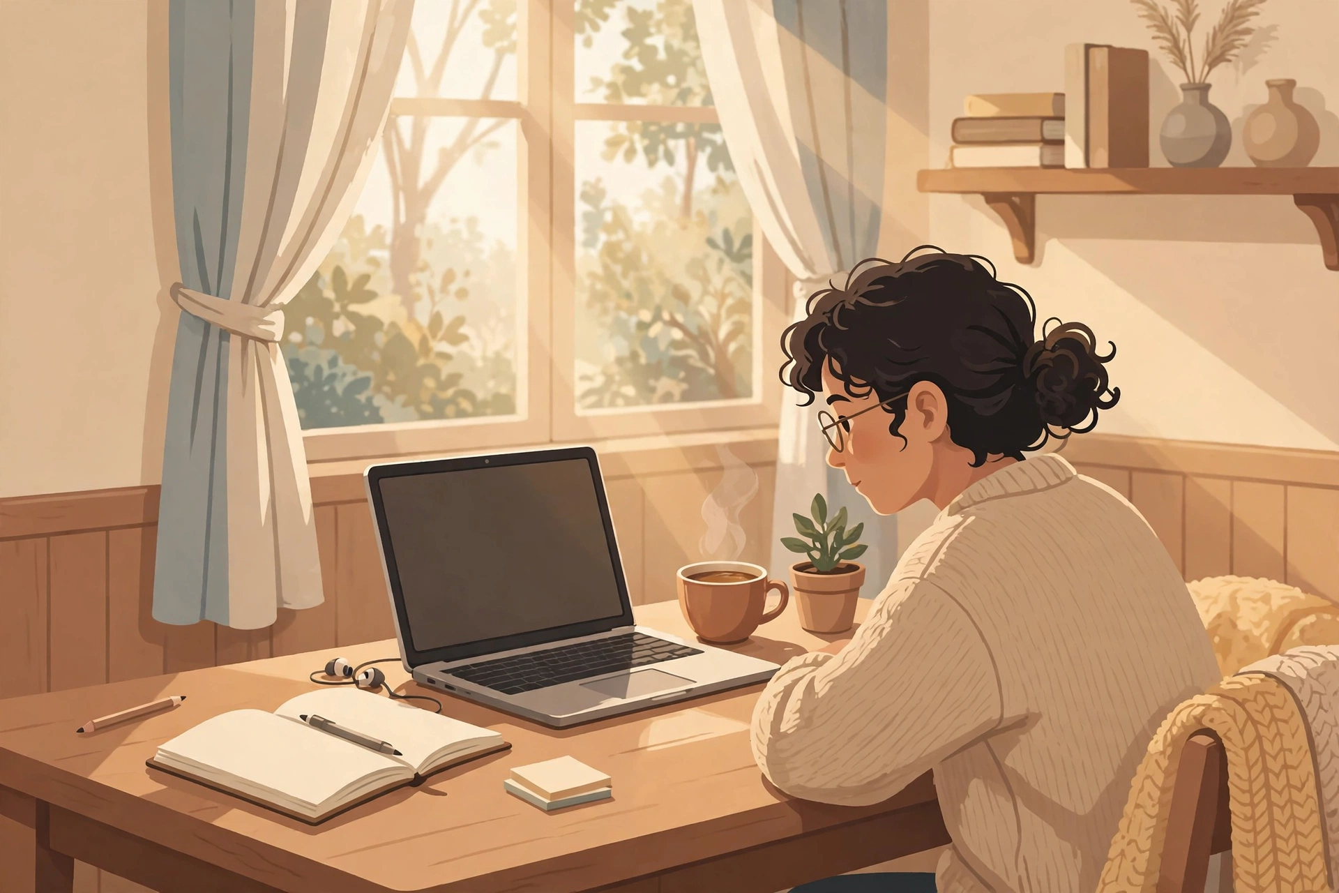 Illustration of a student studying at a desk with a laptop