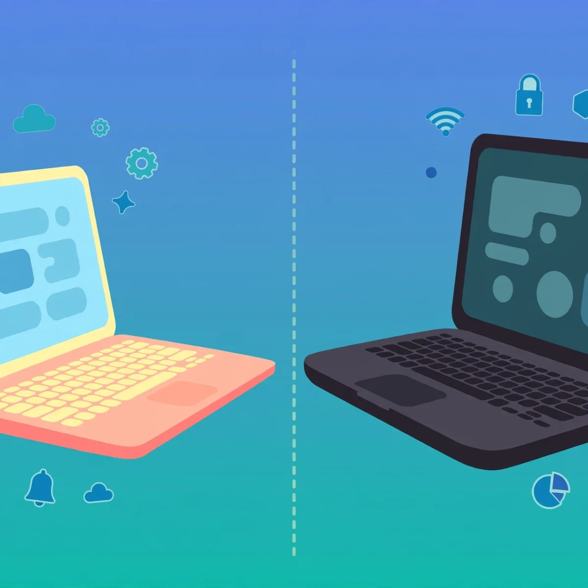 Illustration comparing a Chromebook and a traditional laptop side by side
