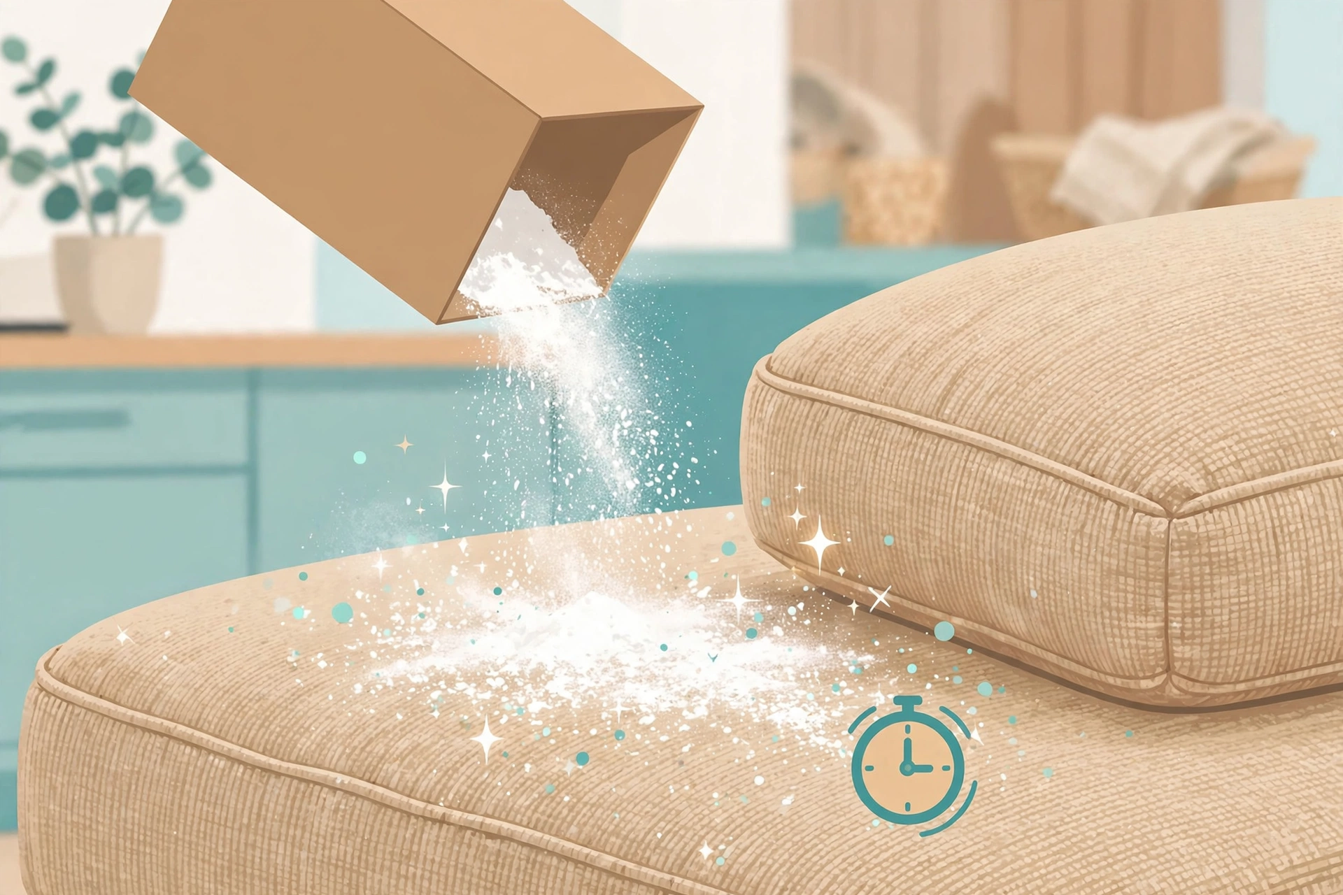 Sprinkling baking soda powder onto a fabric couch cushion before cleaning