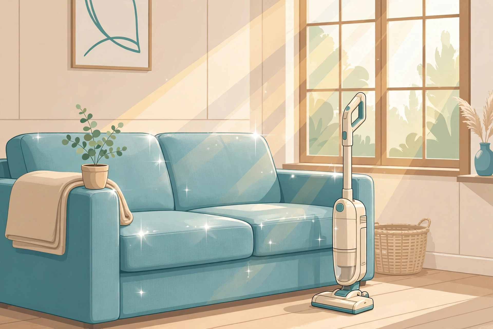 Vacuuming baking soda off a fresh clean fabric couch in a bright living room