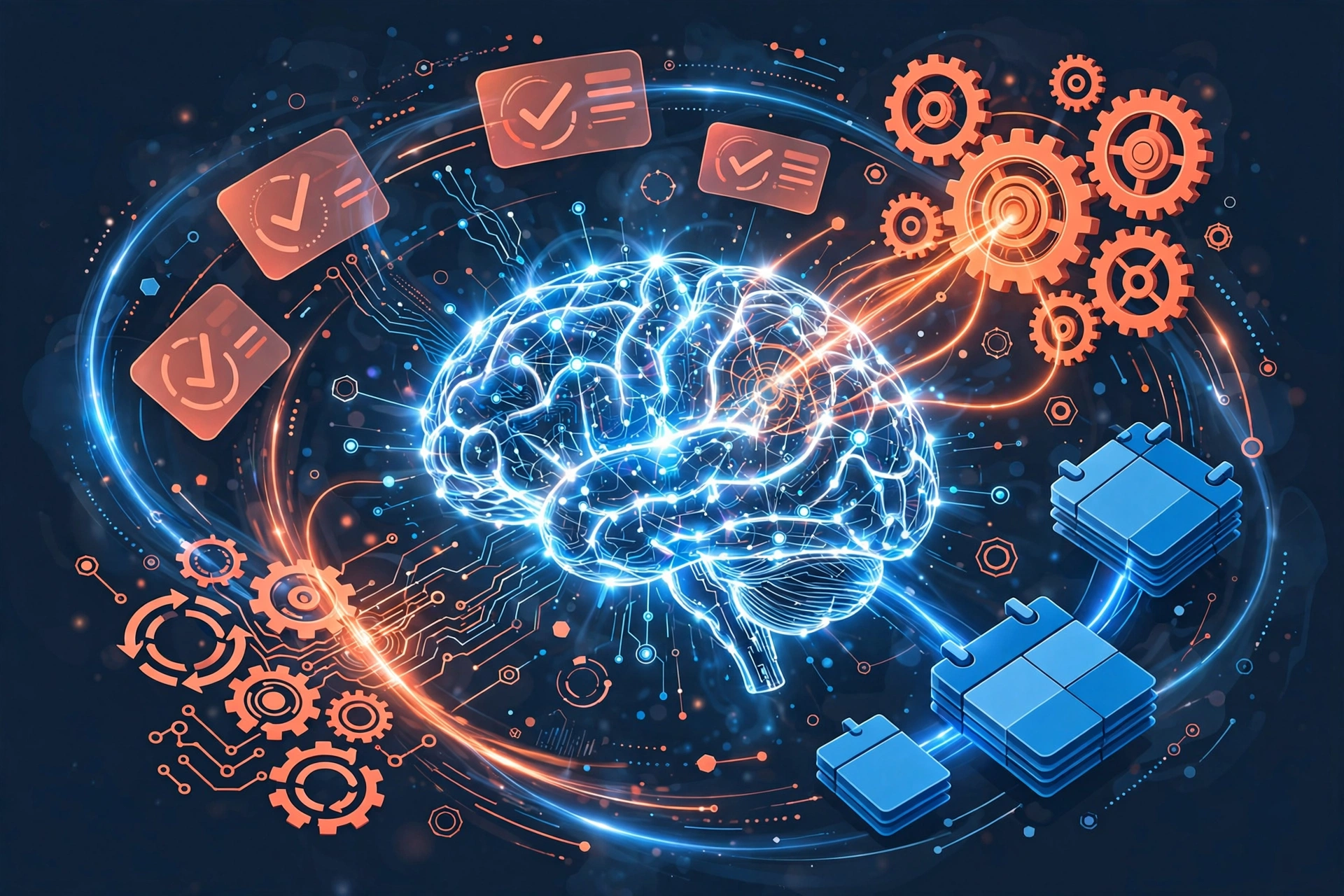 Abstract illustration of ClickUp Brain AI managing tasks, automations and project workflows