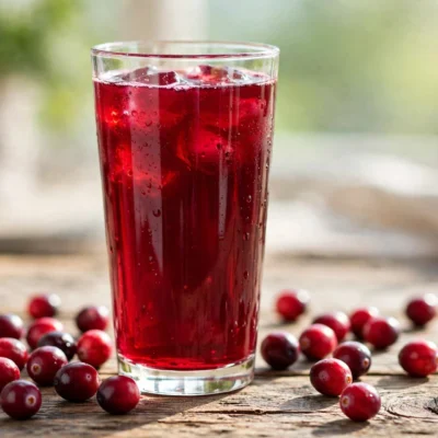 Glass of ruby red cranberry juice with fresh cranberries highlighting cranberry juice benefits