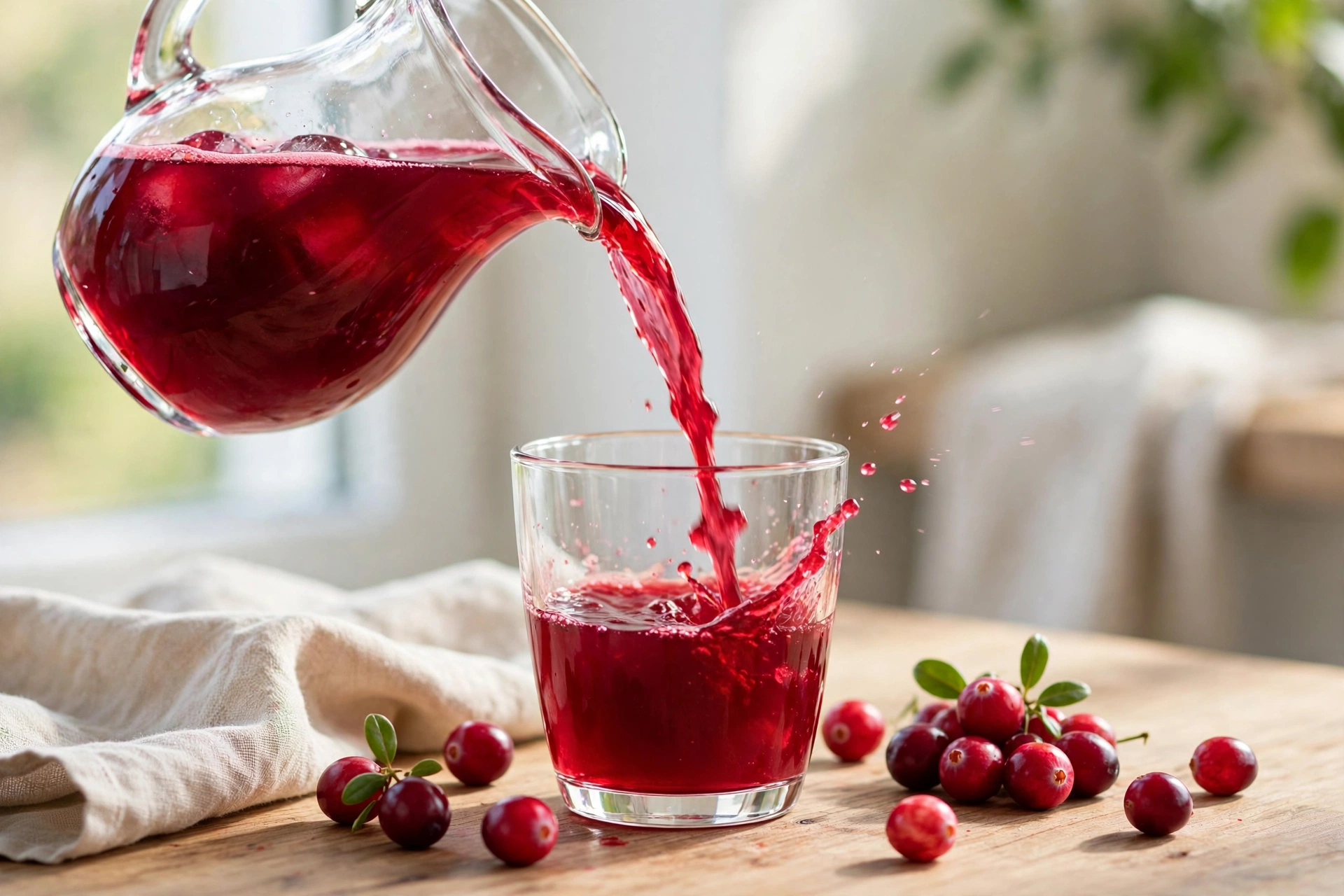 Pouring fresh cranberry juice into a glass showing the benefits of cranberry juice