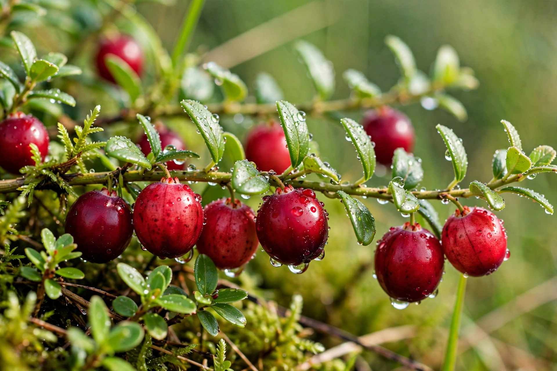 Fresh ripe cranberries growing on the vine, the source of unsweetened cranberry juice