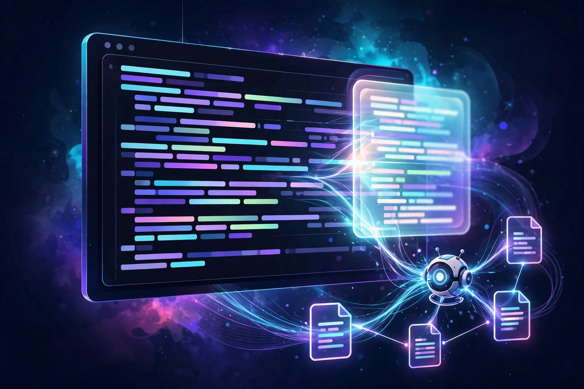 Abstract illustration of Cursor AI code editor with an AI agent assisting multi-file code editing