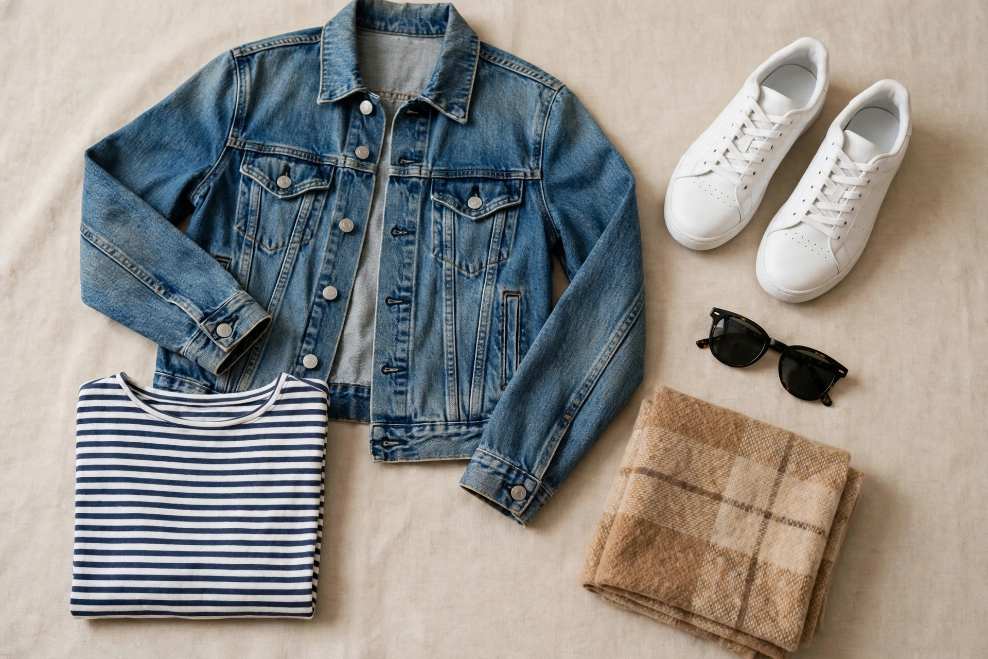 Flat lay of a denim jacket with seasonal outfit pieces including a striped top, sneakers, sunglasses, and scarf