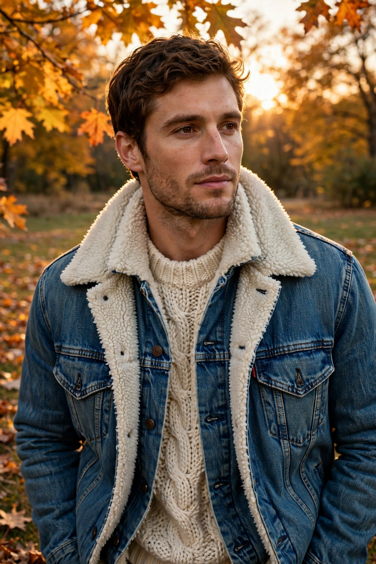 Man wearing a sherpa-lined denim jacket over a knit sweater in autumn