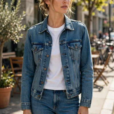 Woman wearing a classic medium-wash denim jacket over a white t-shirt with jeans