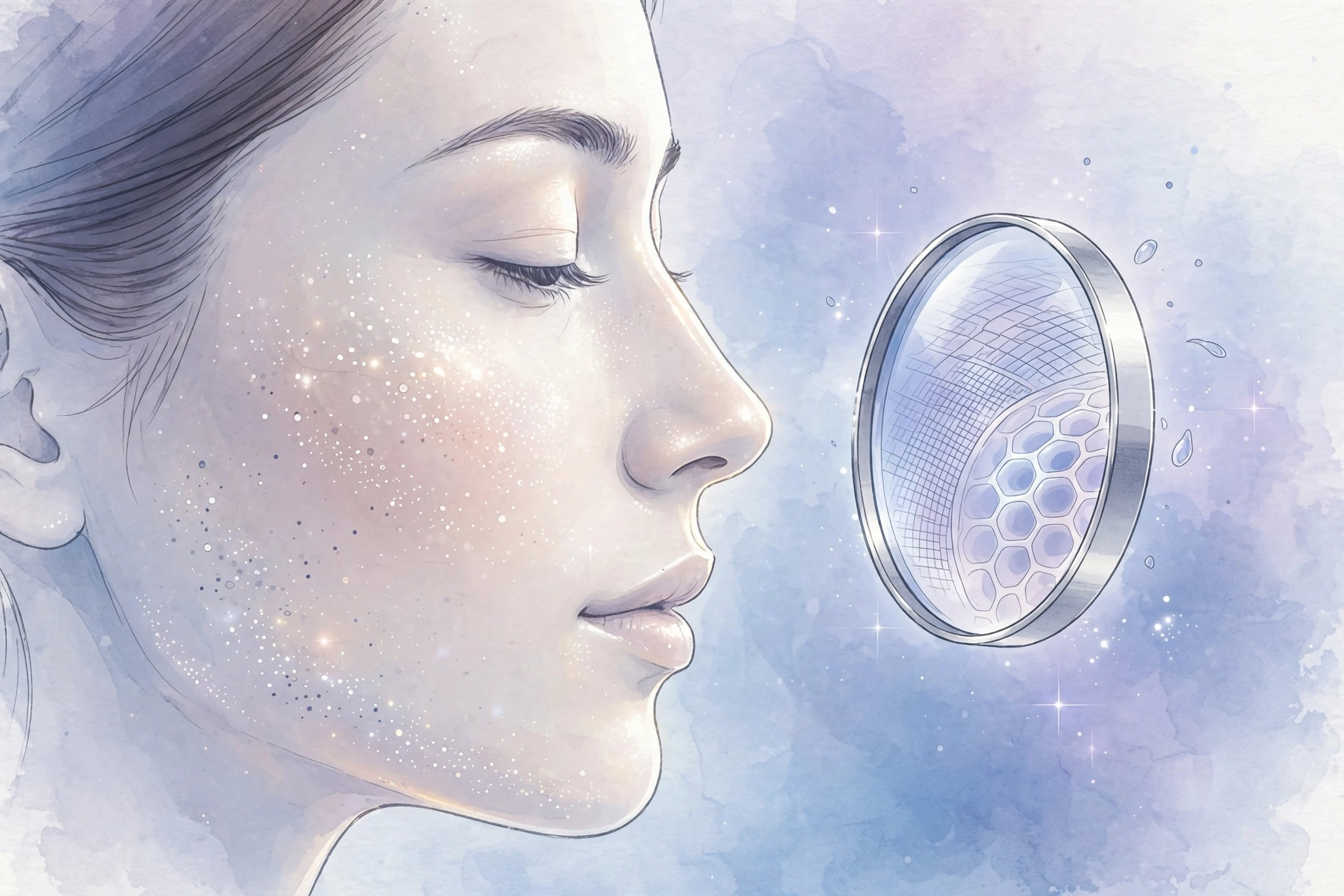 Cosmetic dermatologist evaluating acne scars and skin concerns illustration
