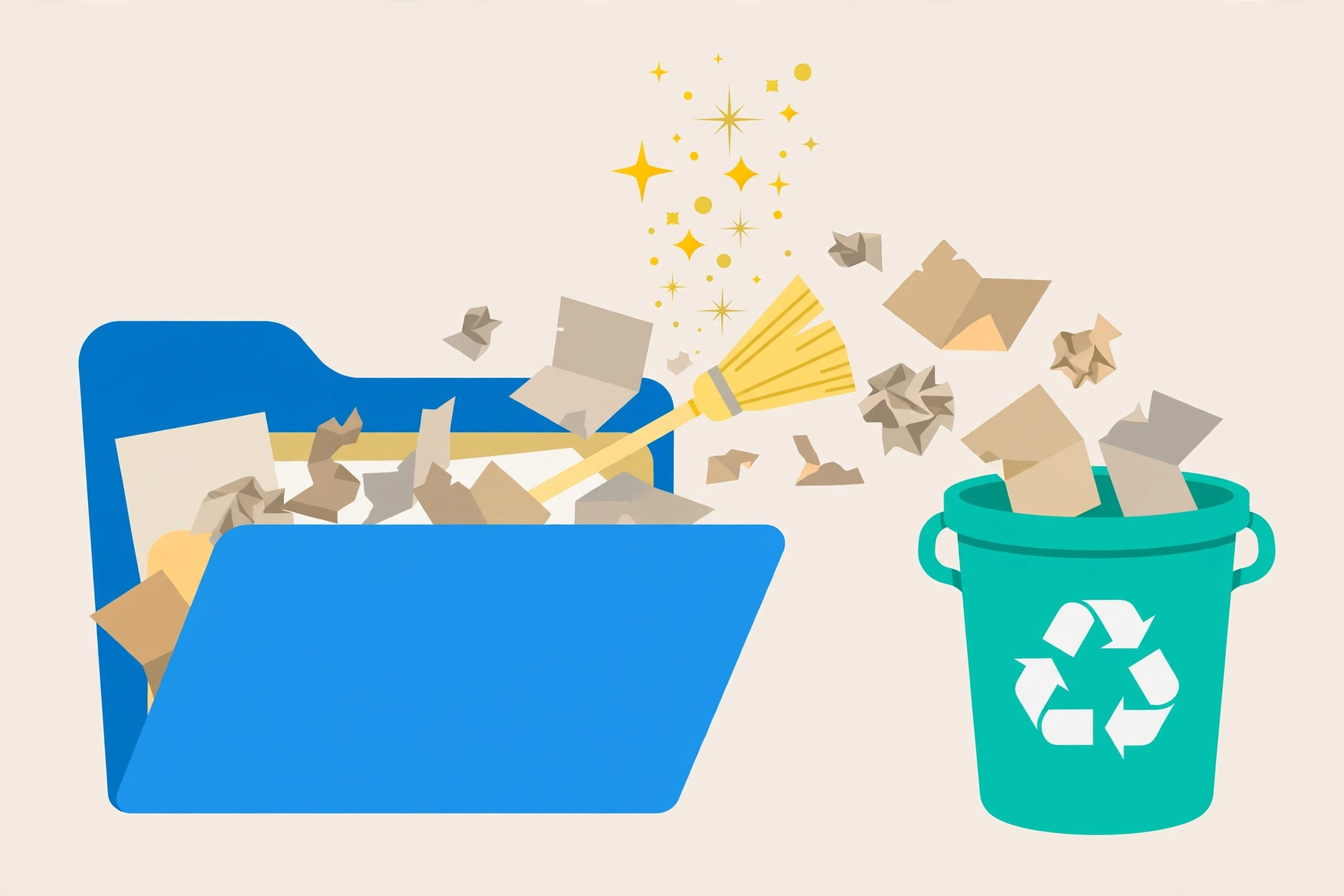 Illustration of sweeping junk files out of a folder to free disk space on Windows 11
