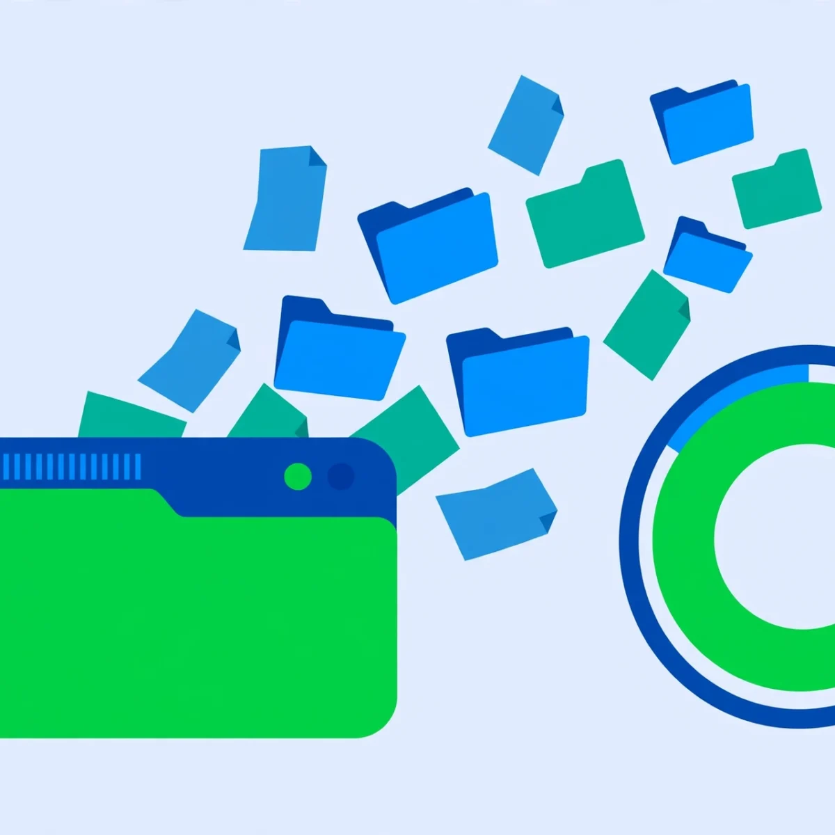 Illustration of a full hard drive with folders and files using up disk space