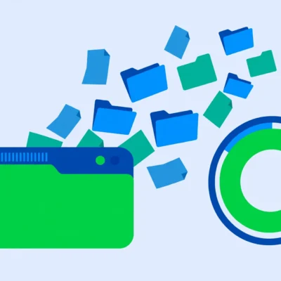 Illustration of a full hard drive with folders and files using up disk space