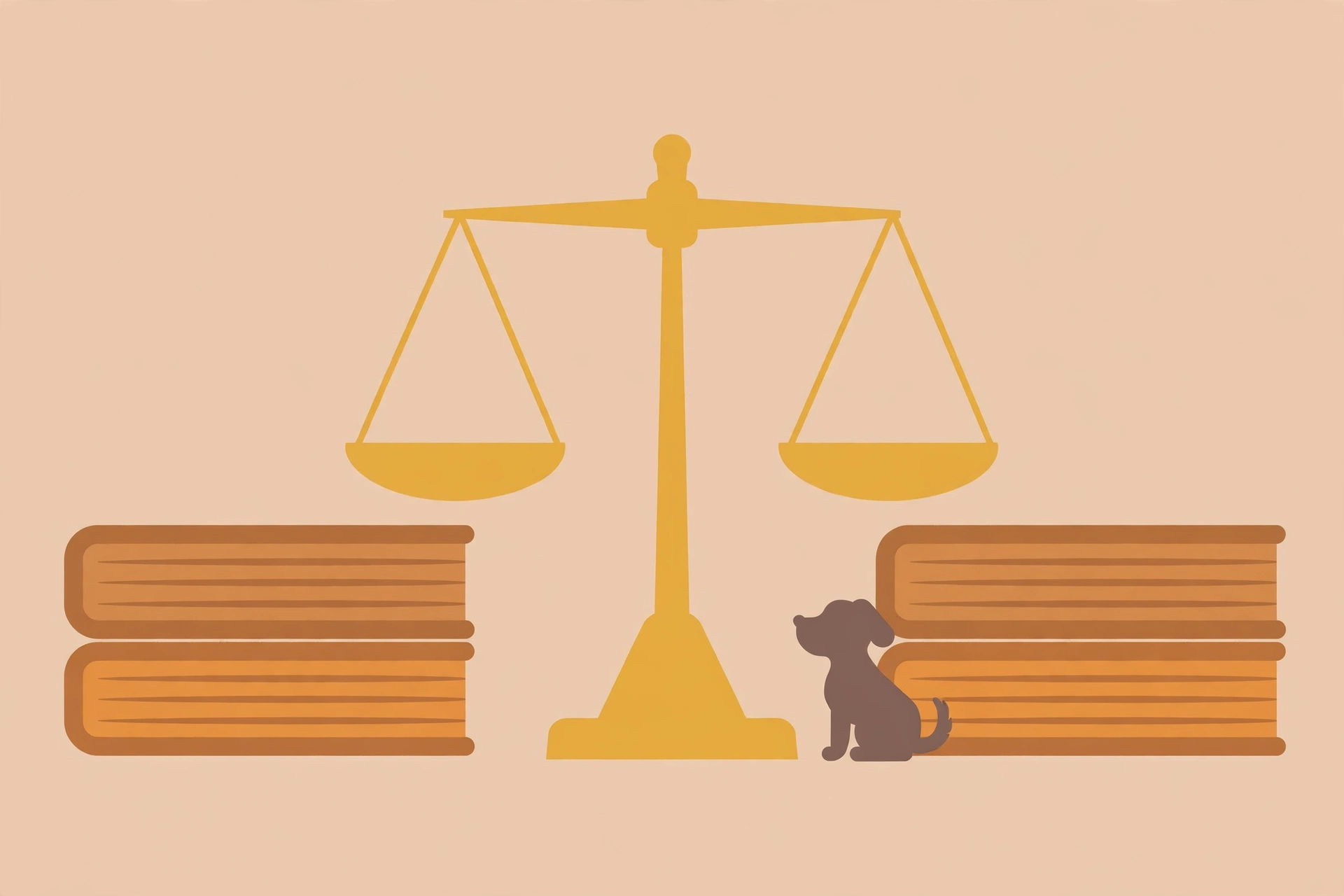 Scales of justice between law books with a dog, illustrating common defenses in dog bite liability cases