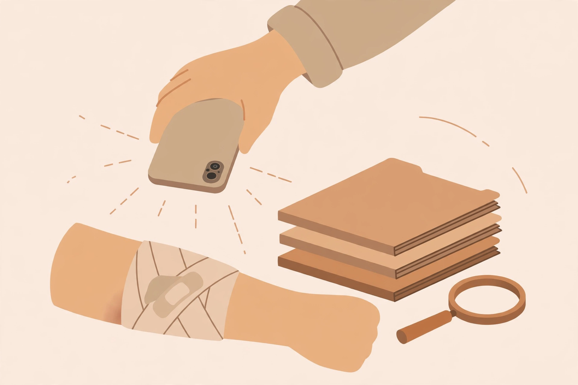 Person photographing a bandaged arm next to documents, showing evidence gathering for a dog bite case
