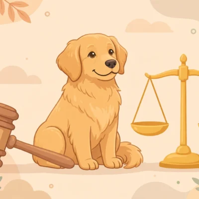 Illustration of a friendly dog beside a gavel and scales of justice representing dog bite liability law