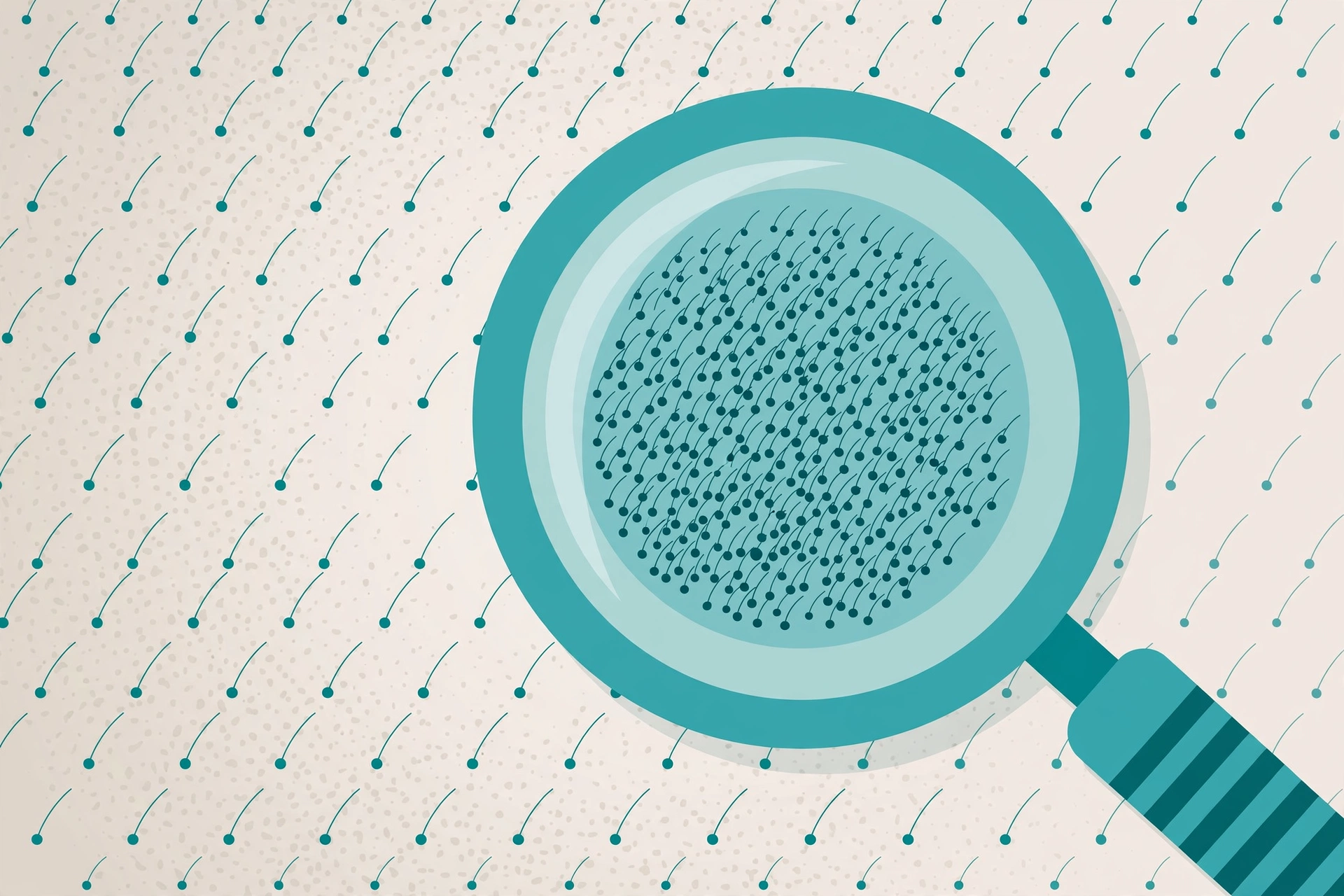 Close-up of scalp donor area with magnifying glass showing hair follicle density assessment