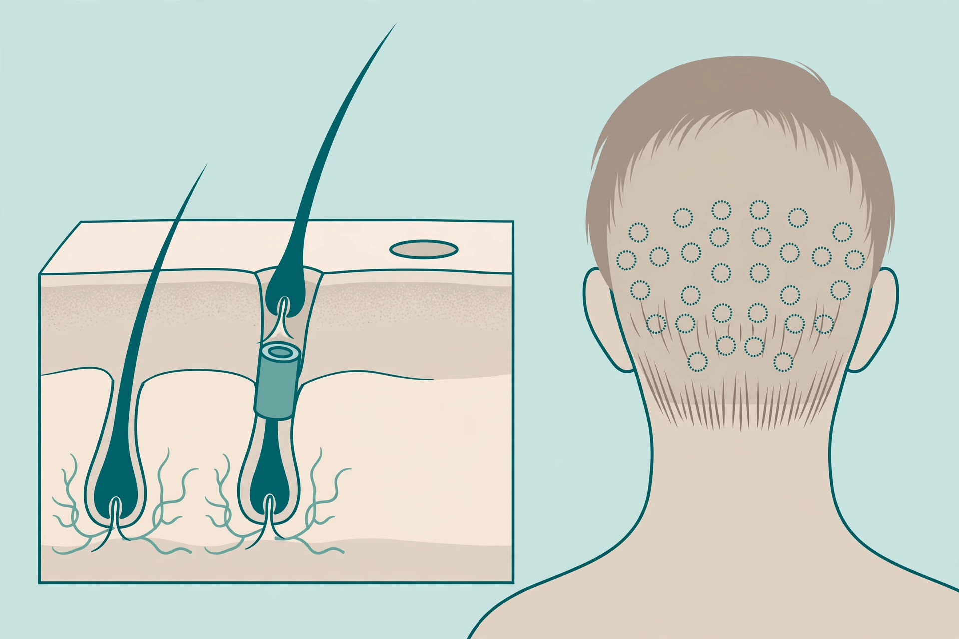 Medical diagram of FUE hair follicle extraction from the scalp donor area in hair transplantation