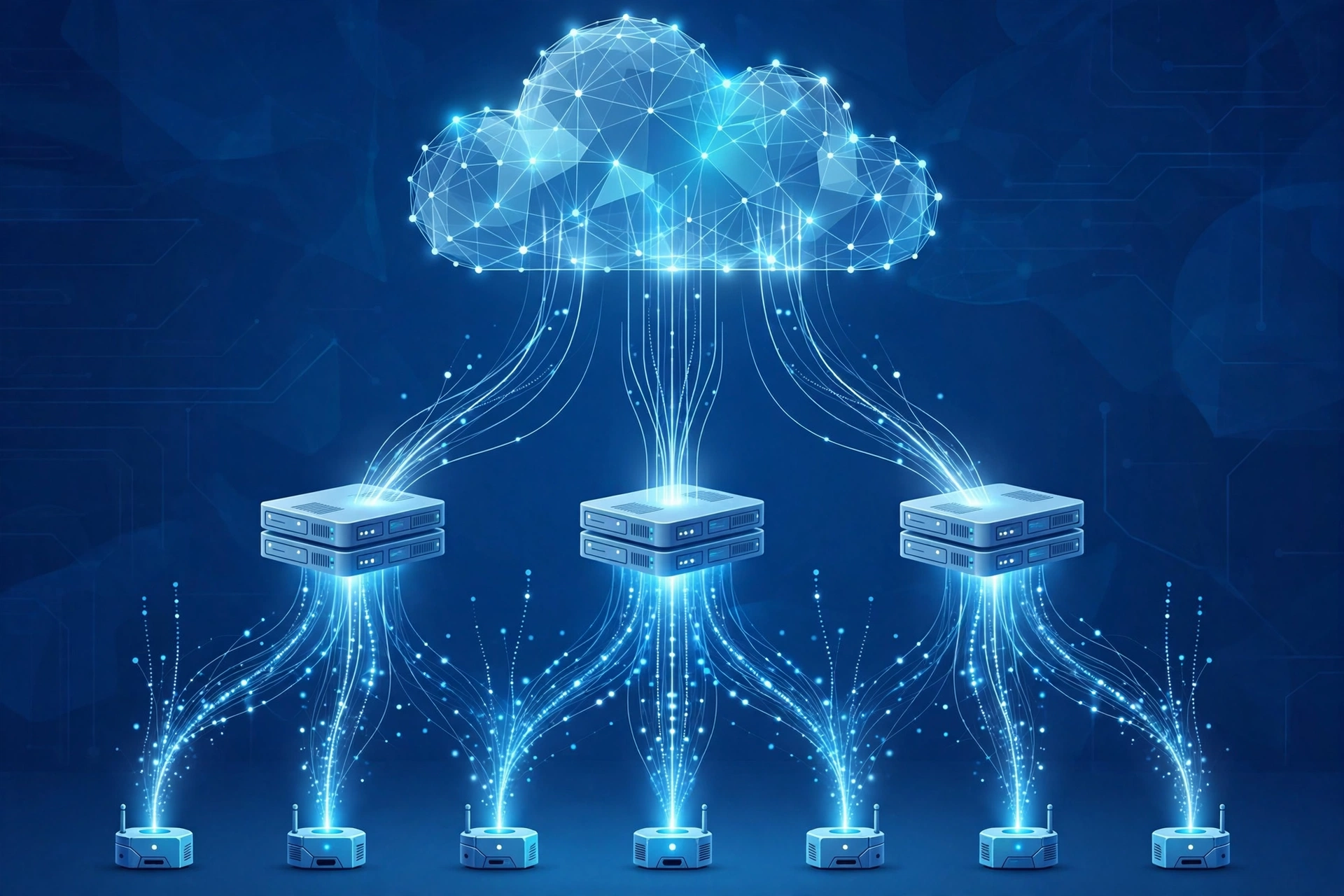 Diagram concept showing edge computing vs cloud computing data flow from devices to local edge nodes to cloud data centers