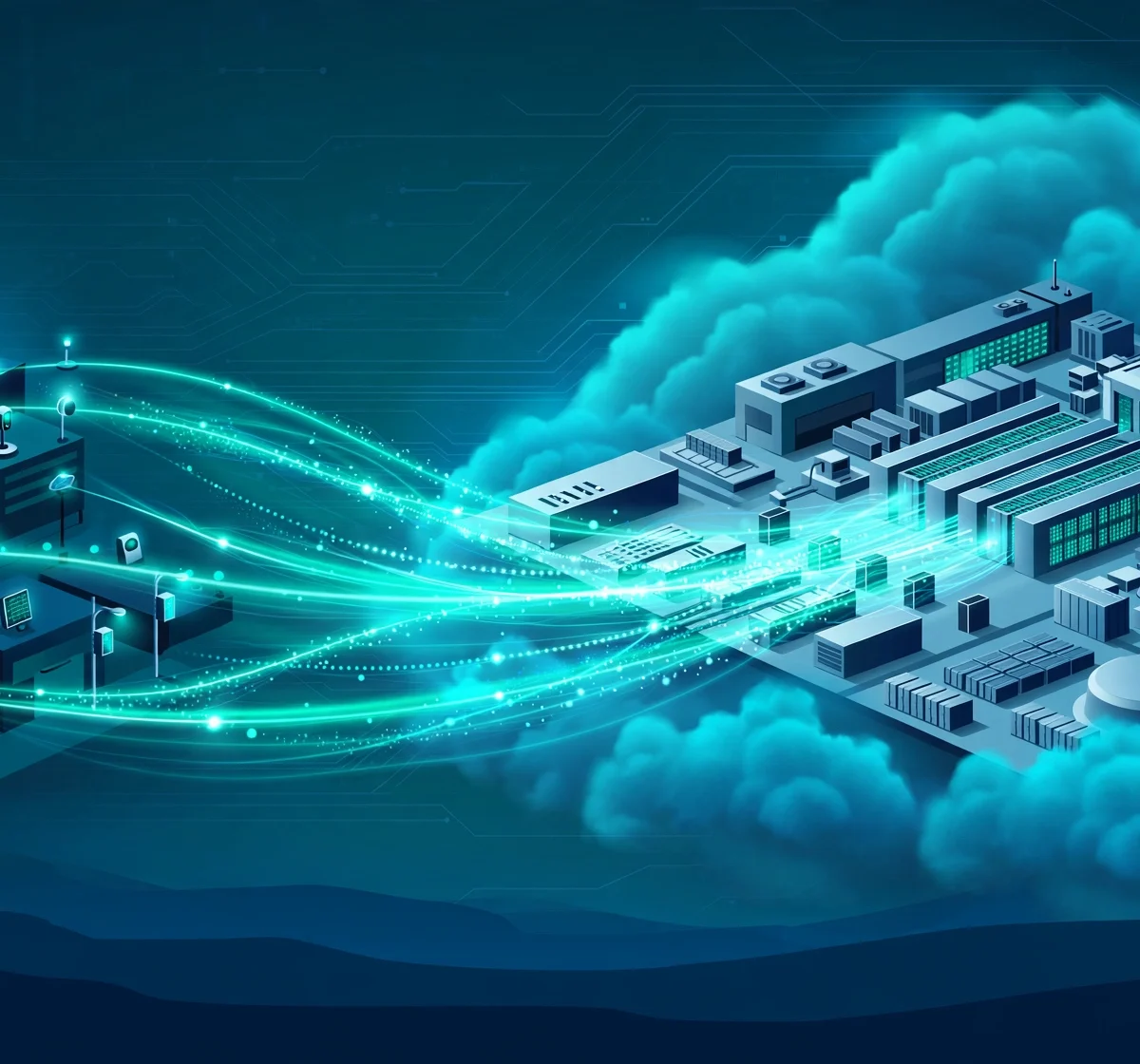 Edge computing vs cloud computing comparison with data flowing between devices, edge nodes, and cloud servers