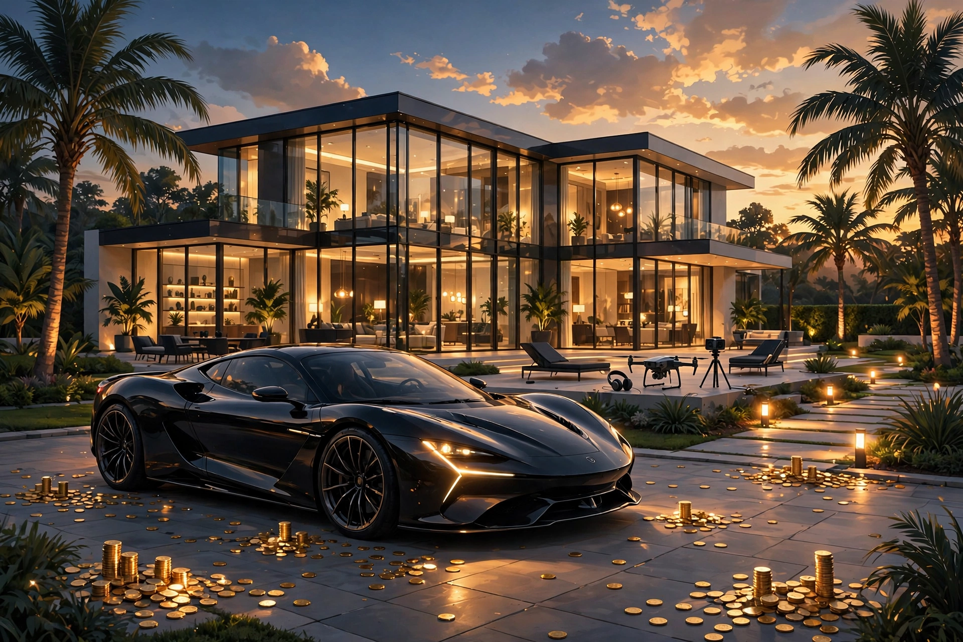 Elvish Yadav assets and lifestyle concept: luxury sports car and modern mansion at dusk