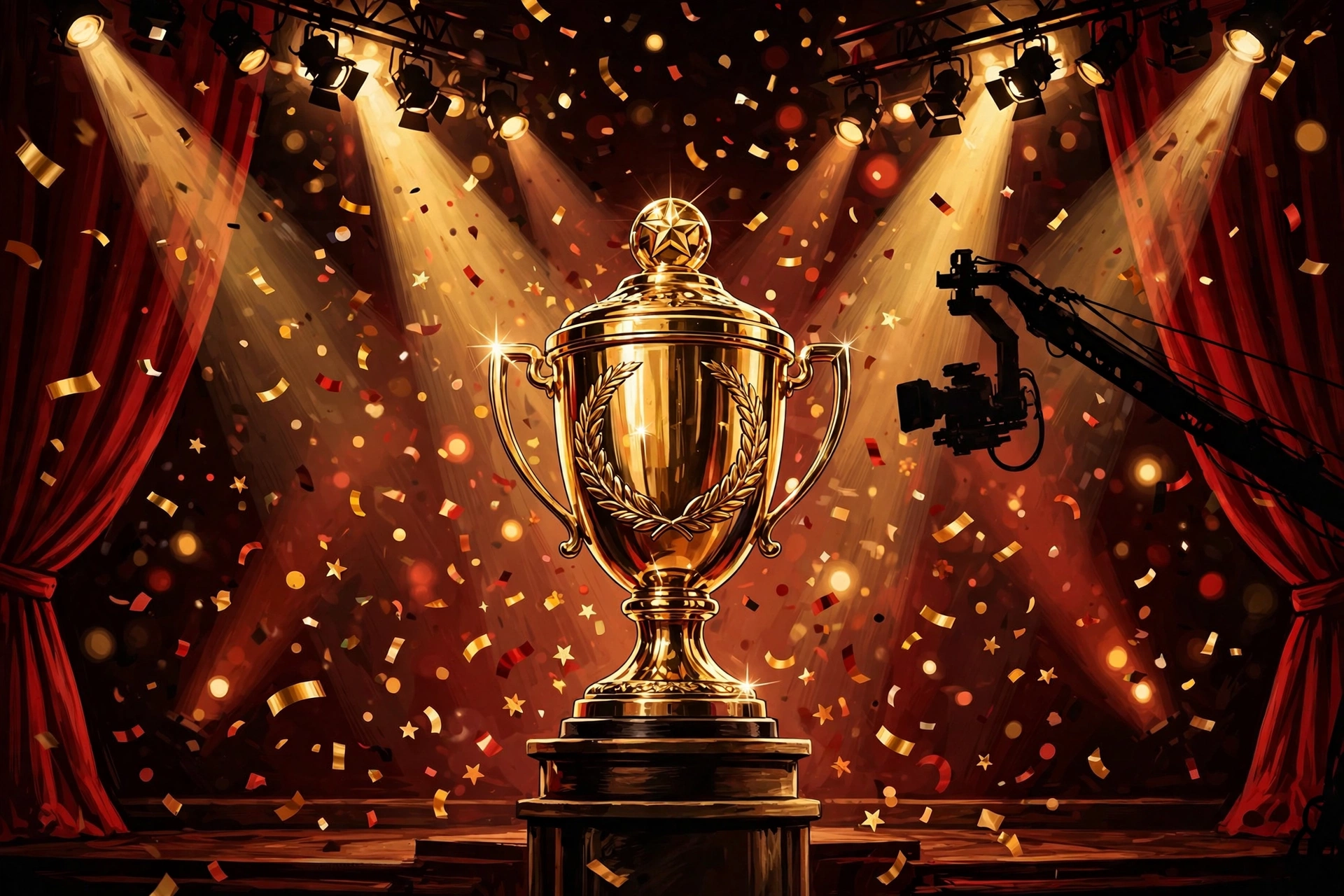 Elvish Yadav reality TV concept: golden trophy and stage lights for his Bigg Boss OTT 2 win