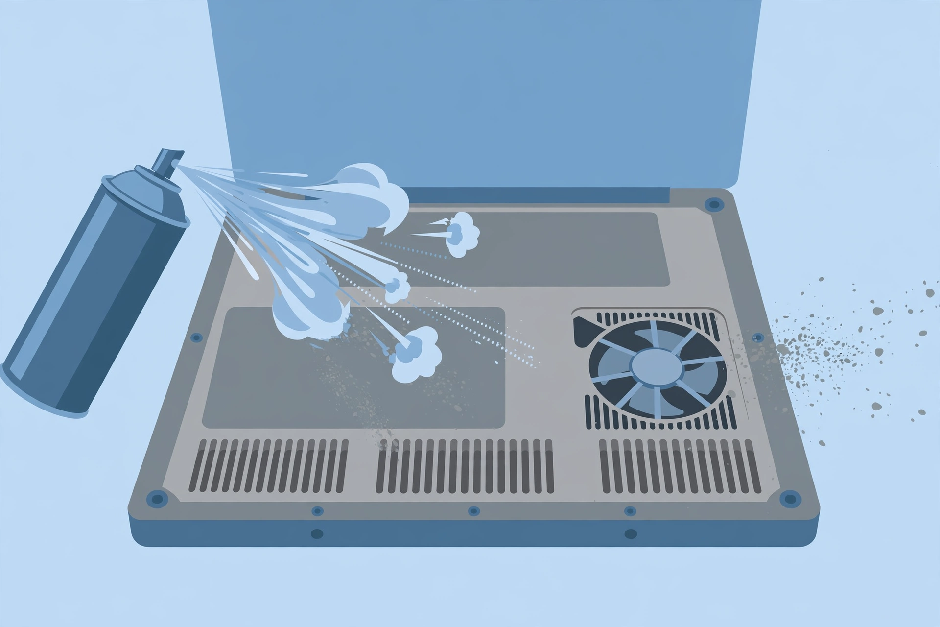 Illustration of cleaning dust from laptop air vents and fan with compressed air