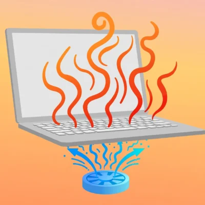 Illustration of an overheating laptop with heat waves rising from the keyboard and a cooling fan blowing cool air underneath