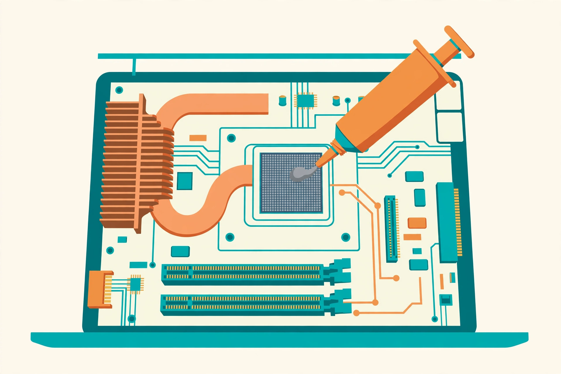 Illustration of applying thermal paste to a laptop CPU chip during repair