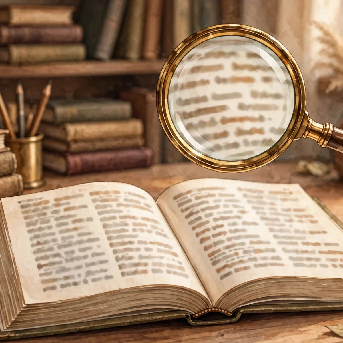 Open dictionary book with a magnifying glass hovering over blurred word lines on a warm study desk