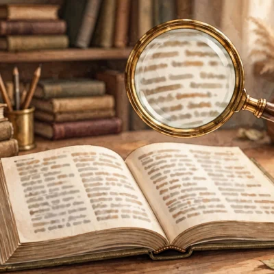 Open dictionary book with a magnifying glass hovering over blurred word lines on a warm study desk