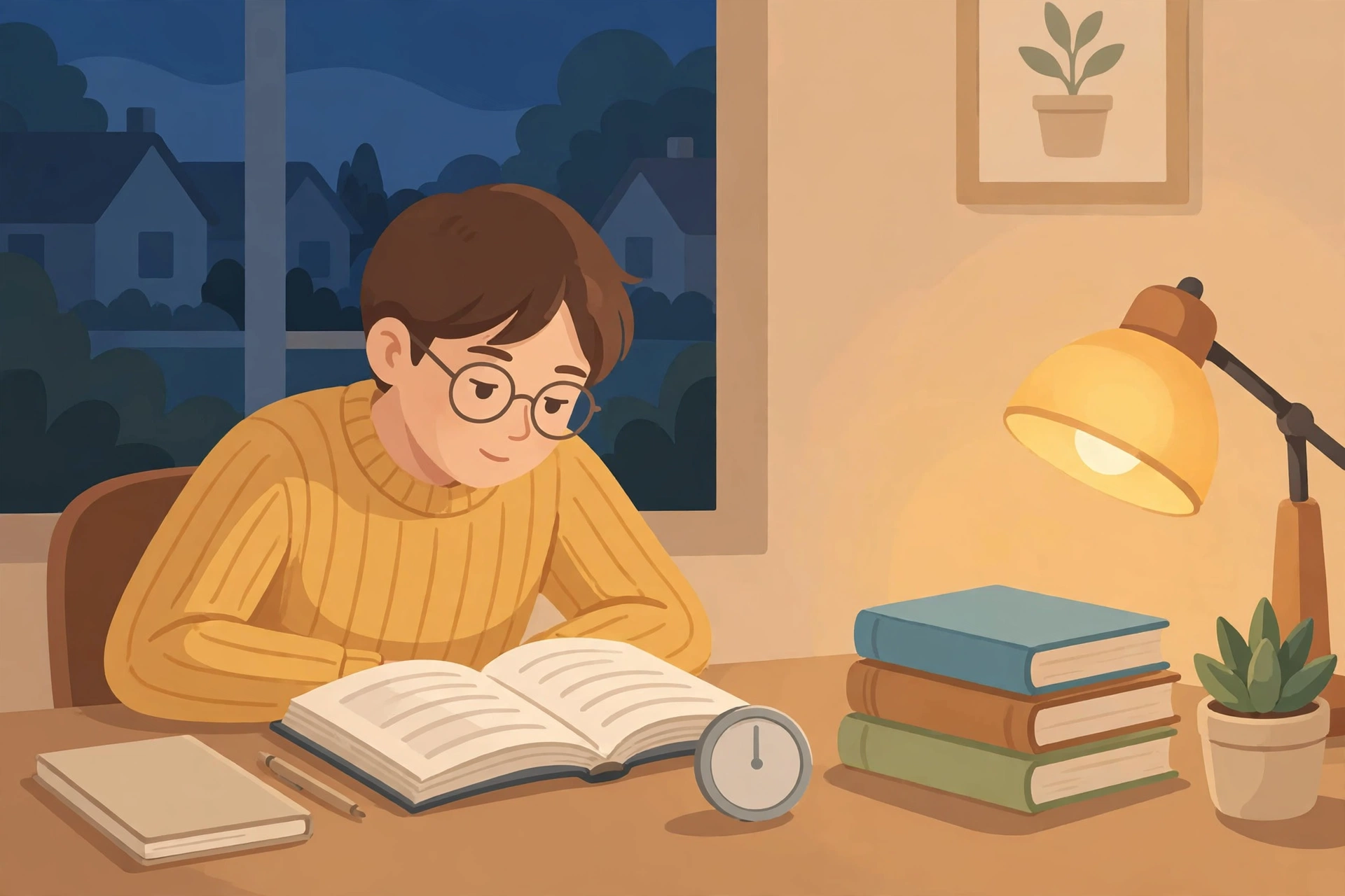 Student studying with a timer beside textbooks under warm lamp light