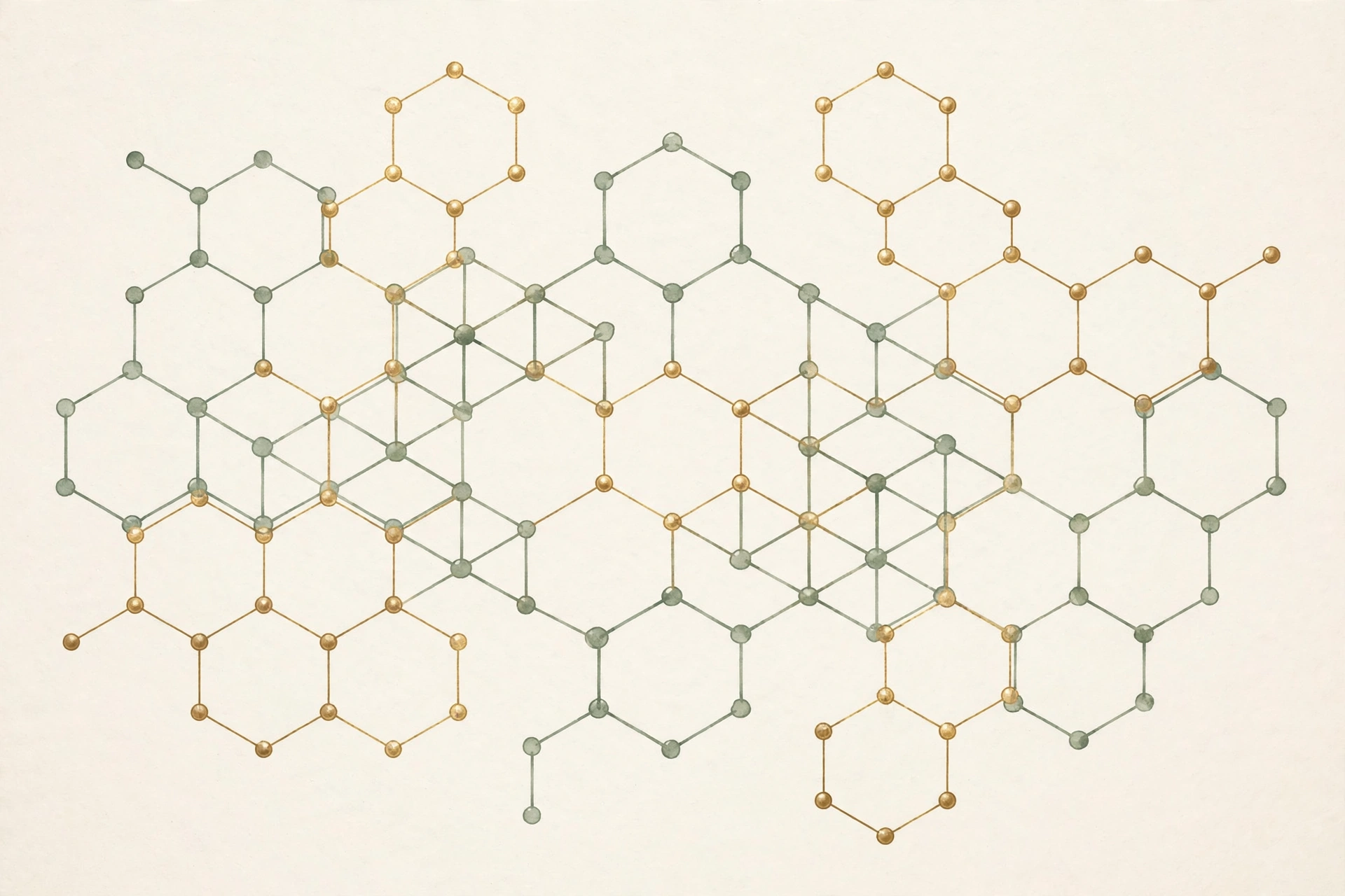 Abstract molecular hexagon pattern in gold and green tones