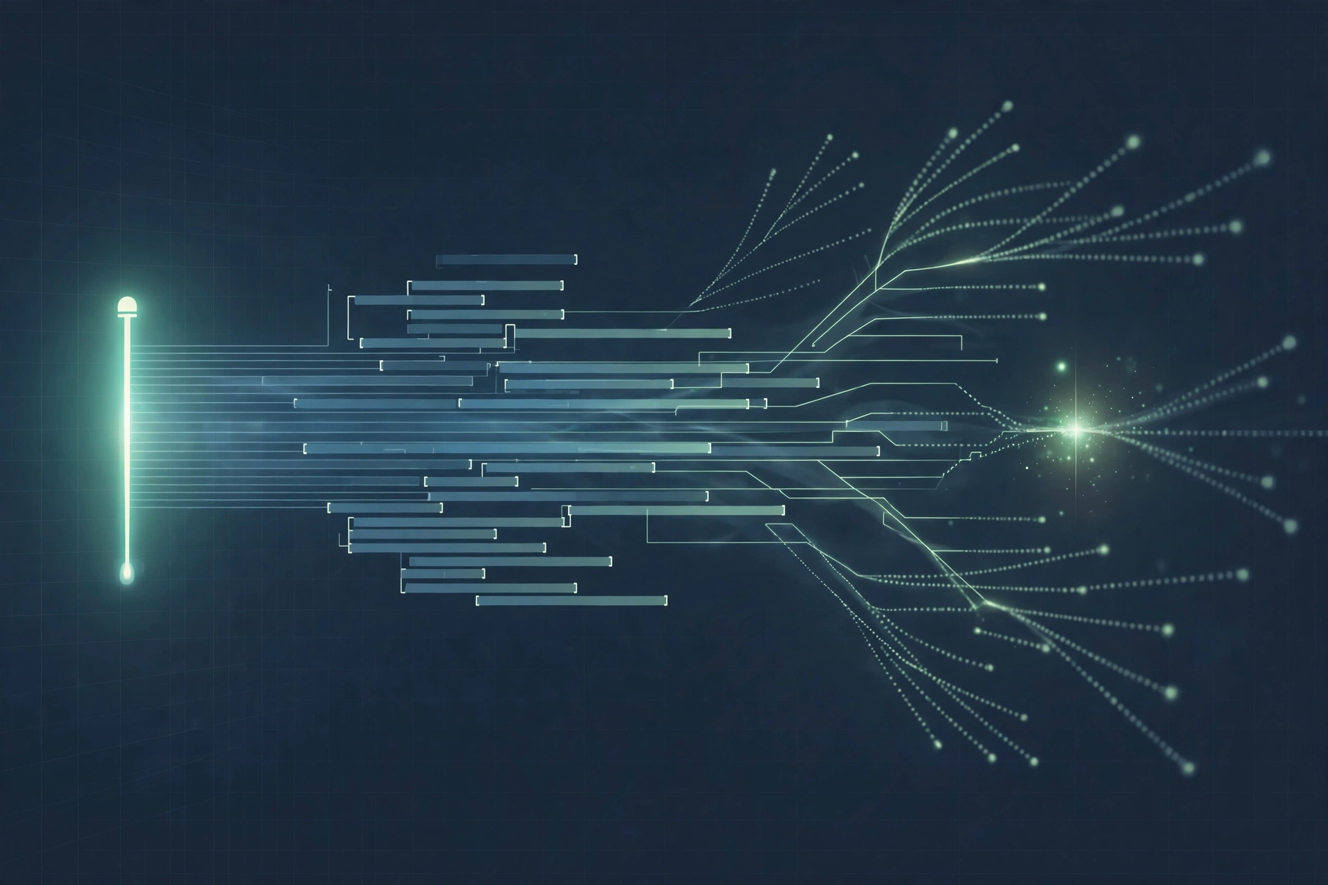 Abstract illustration of GitHub Copilot AI autocomplete completing code suggestions in an IDE