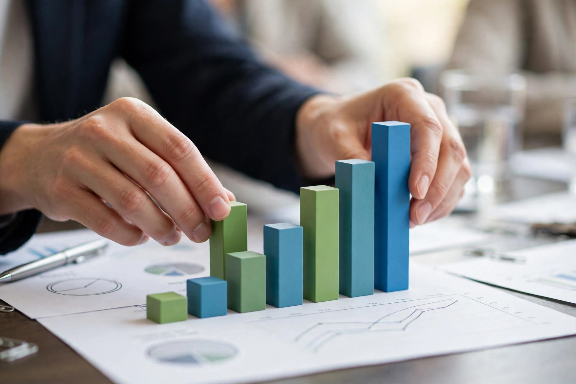 Business owner comparing gross margin vs net margin with chart blocks