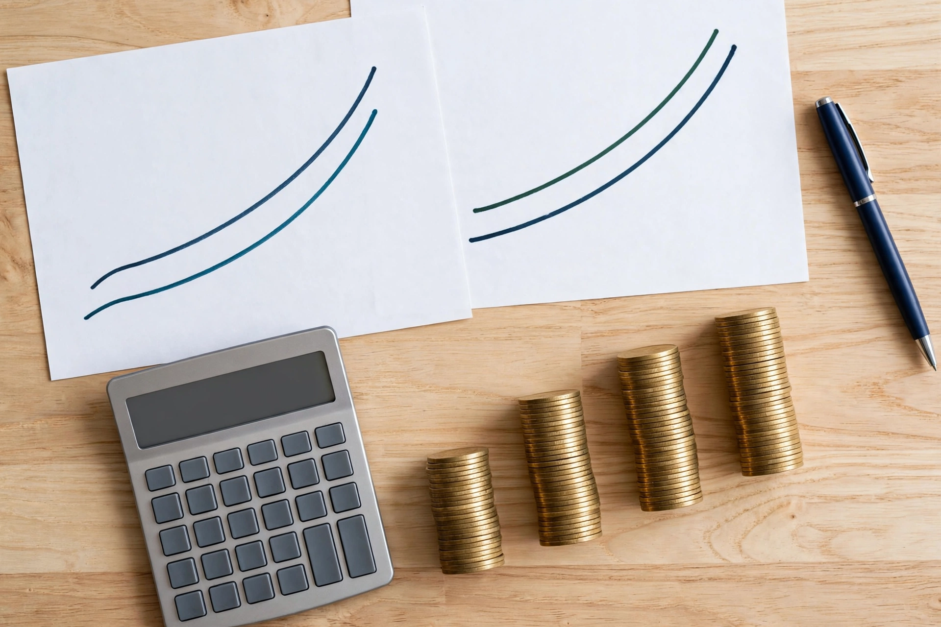 Coins stacked beside a calculator illustrating net margin calculation