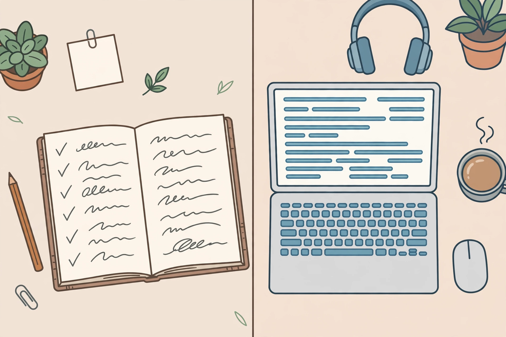 Handwritten notebook notes compared with digital laptop notes on a desk