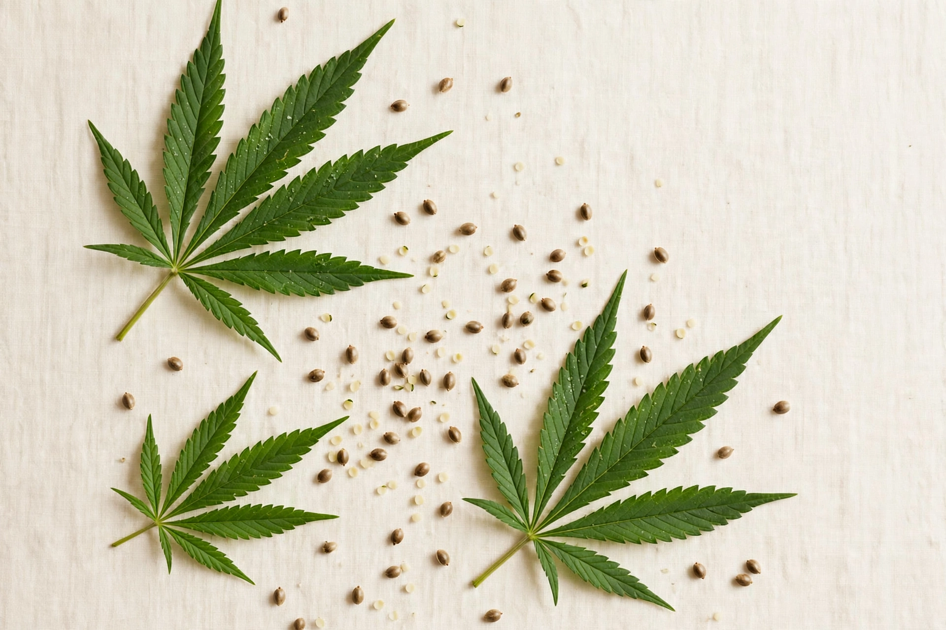 Flat lay of green hemp leaves and scattered hemp seeds on a cream background