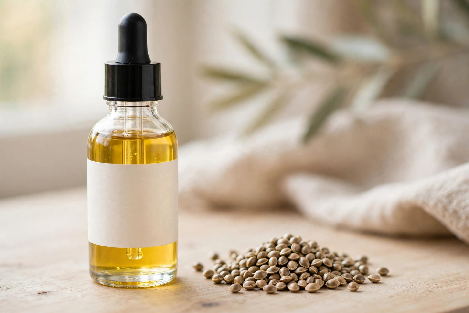 Glass bottle of golden oil with a blank label beside a pile of hemp seeds