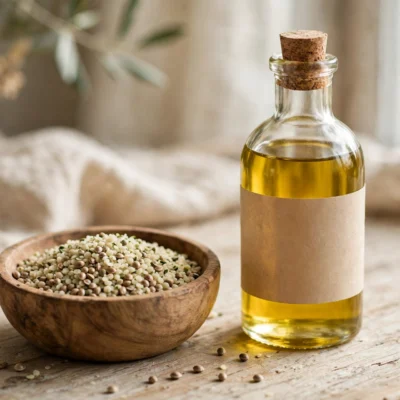 Wooden bowl of hemp seeds next to a glass bottle of golden hemp oil