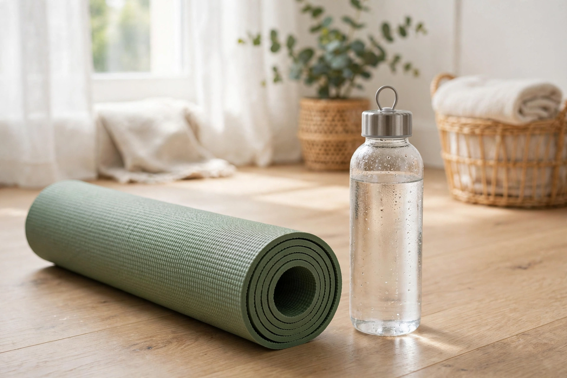 Yoga mat with water bottle in a bright home workout room
