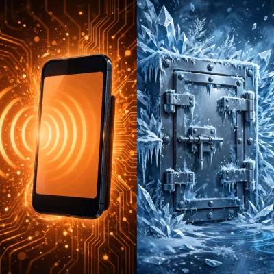 Hot wallet vs cold wallet comparison with phone and hardware device