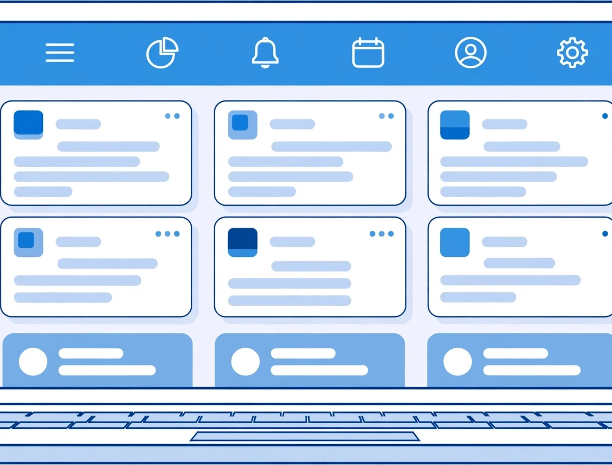 Illustration of a laptop showing an abstract social media dashboard with multiple blank page cards, blue and white flat style