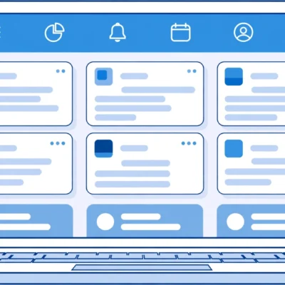Illustration of a laptop showing an abstract social media dashboard with multiple blank page cards, blue and white flat style
