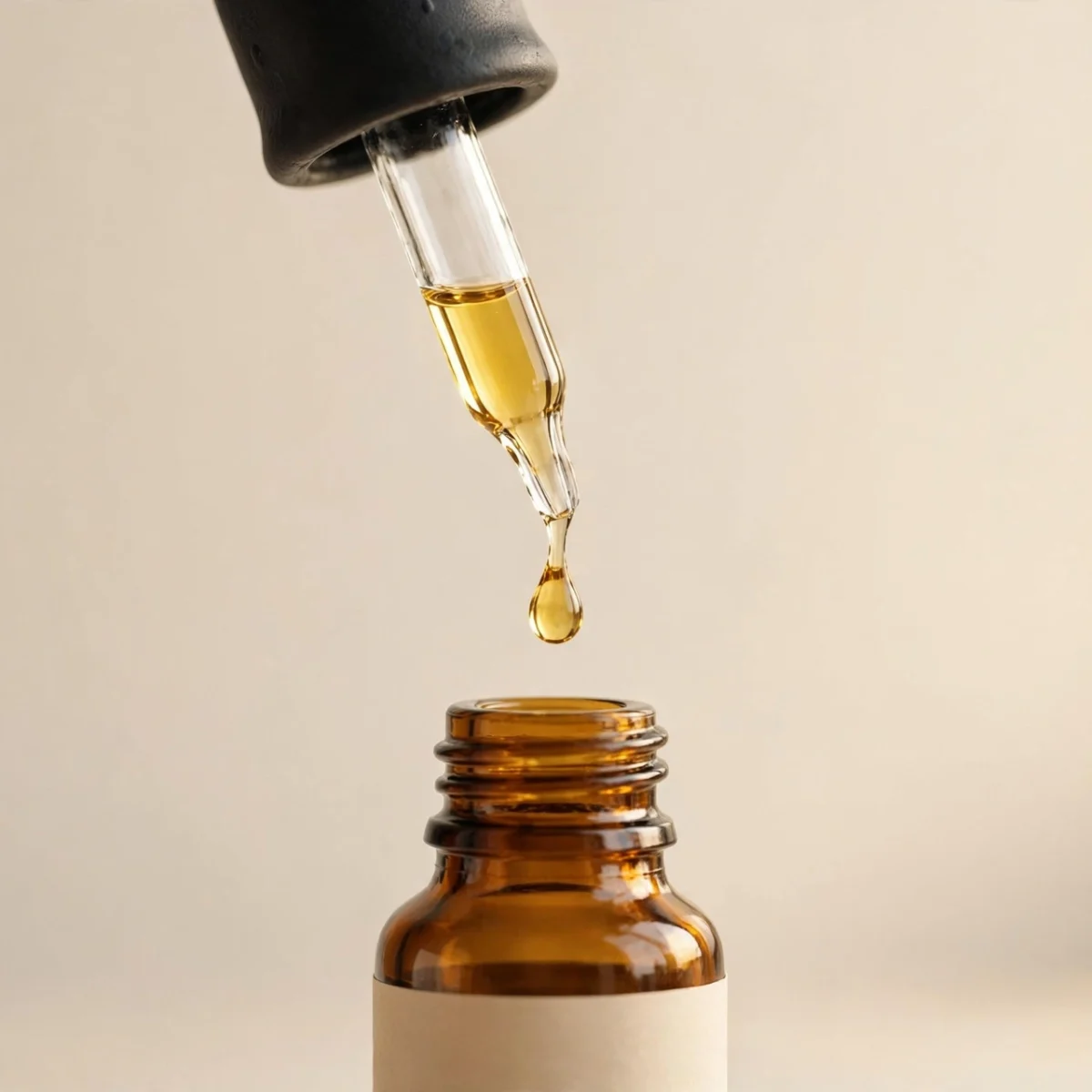 Glass dropper releasing a golden oil drop above an open amber CBD bottle
