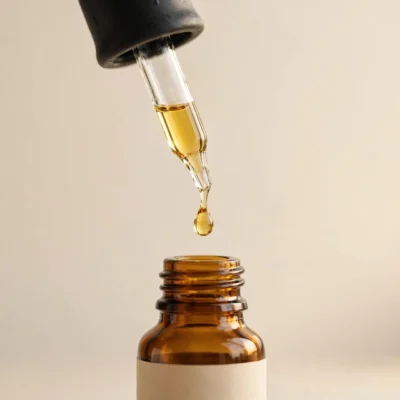 Glass dropper releasing a golden oil drop above an open amber CBD bottle
