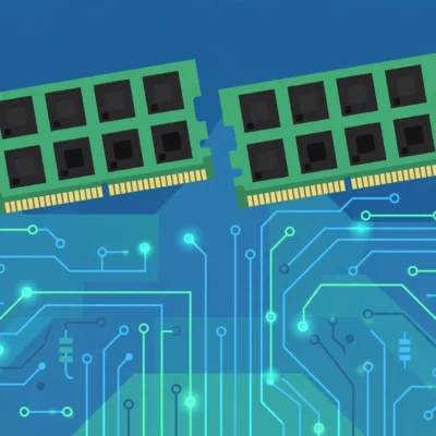 Illustration of two green RAM memory stick modules with gold connector pins on a circuit board
