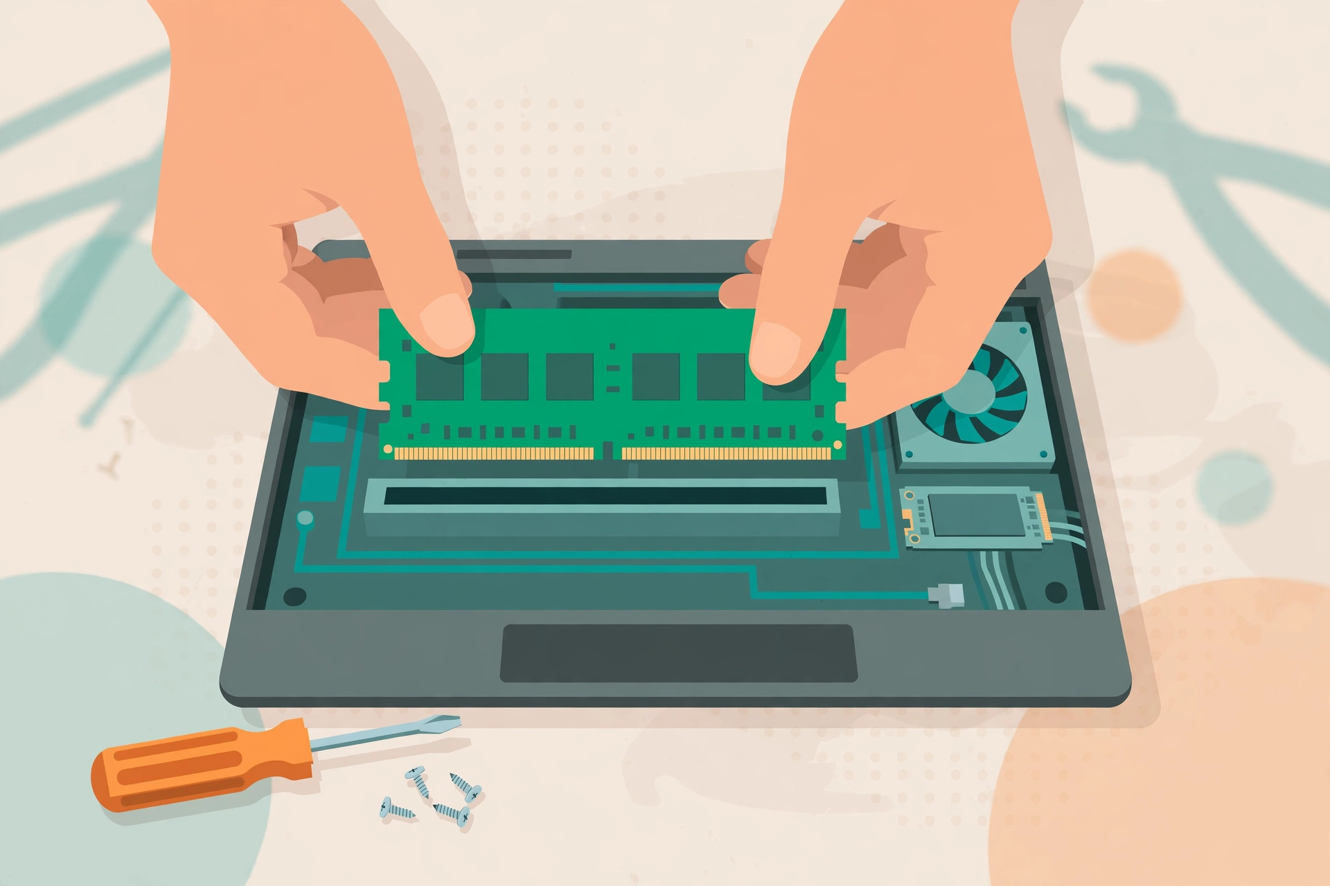 Illustration of hands installing a RAM memory stick into a laptop motherboard slot