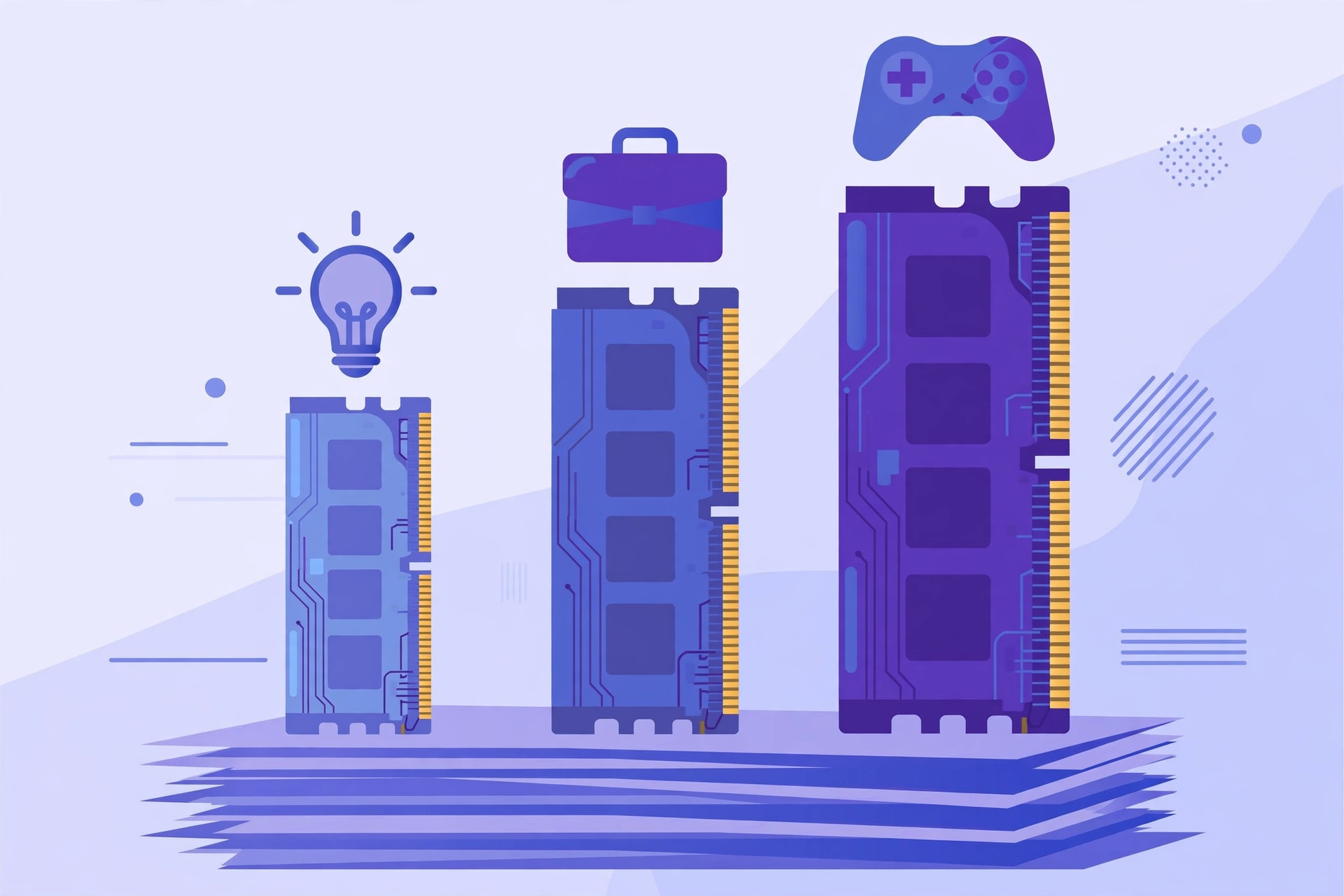 Illustration comparing small, medium and large RAM memory sticks for different computer uses